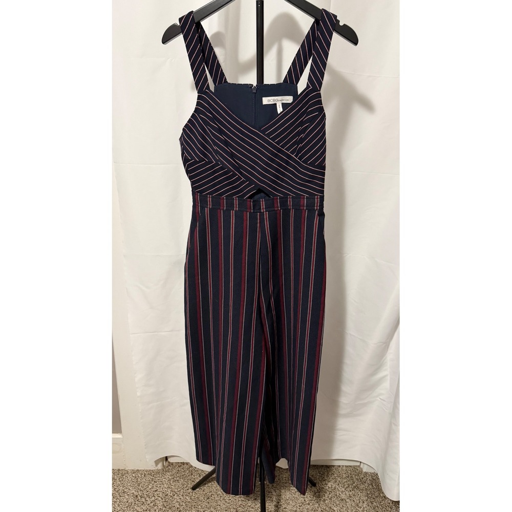 BCBGeneration Navy Blue Striped Wide Leg Sleeveless Jumpsuit Size 2 Cutout Wrap